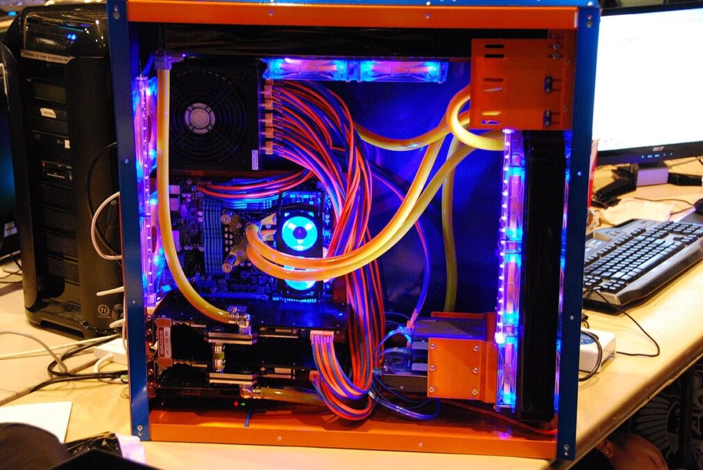 A gaming PC with colorful RGB lighting